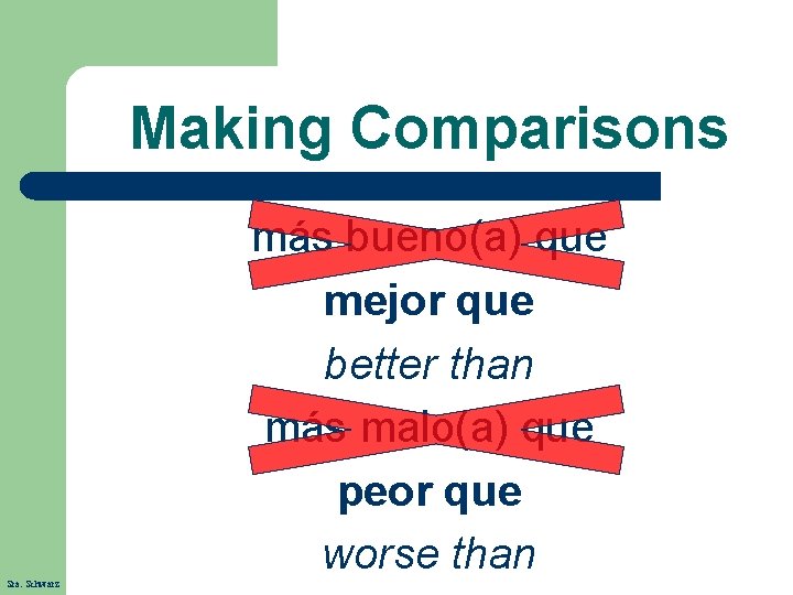 Making Comparisons Sra. Schwarz más bueno(a) que mejor que better than más malo(a) que