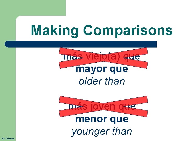Making Comparisons más viejo(a) que mayor que older than Sra. Schwarz más joven que