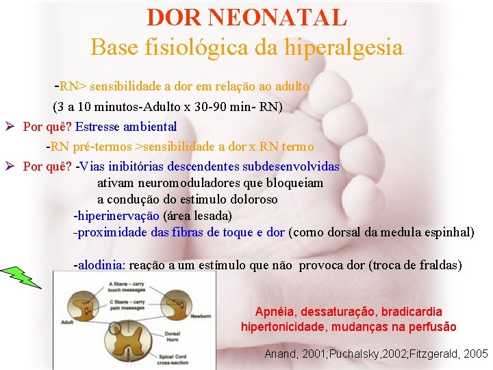DOR NEONATAL Base fisiológica da hiperalgesia -RN> sensibilidade a dor em relação ao adulto