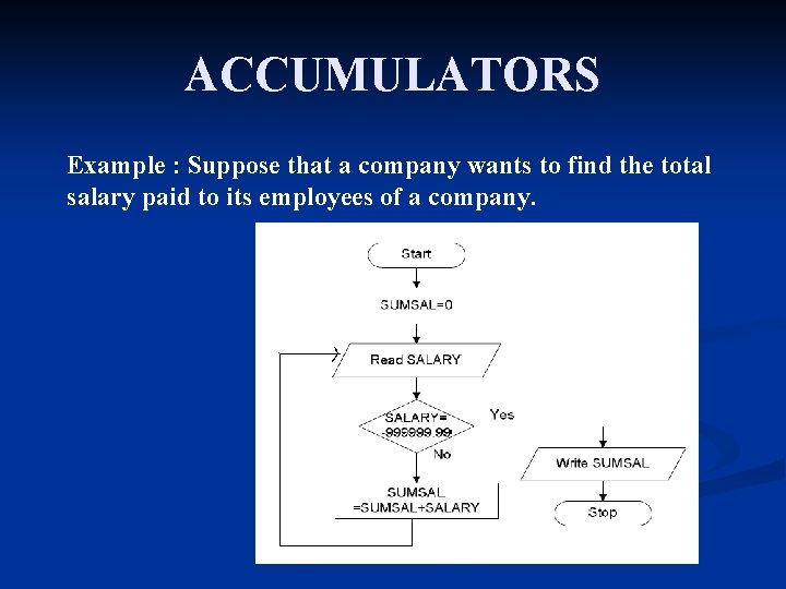 ACCUMULATORS Example : Suppose that a company wants to find the total salary paid