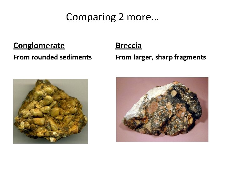 Comparing 2 more… Conglomerate Breccia From rounded sediments From larger, sharp fragments 