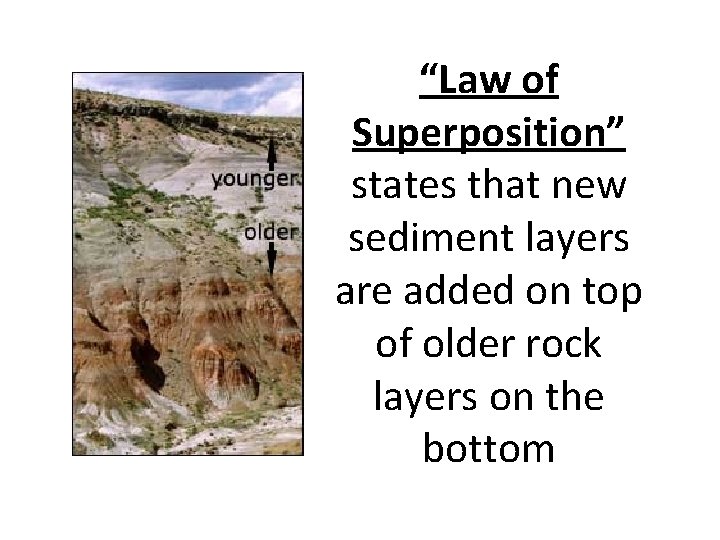 “Law of Superposition” states that new sediment layers are added on top of older