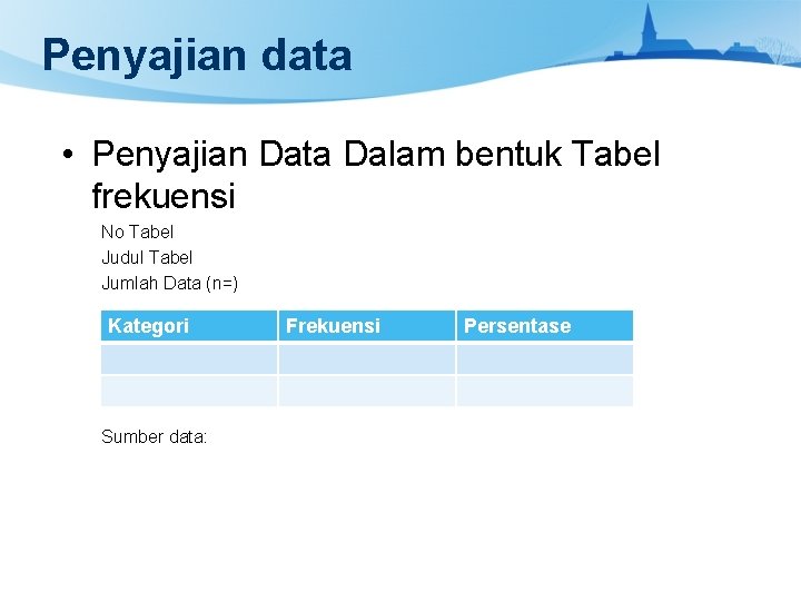 Penyajian data • Penyajian Data Dalam bentuk Tabel frekuensi No Tabel Judul Tabel Jumlah