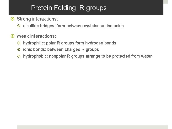 Protein Folding: R groups Strong interactions: disulfide bridges: form between cysteine amino acids Weak Protein Folding: R groups Strong interactions: disulfide bridges: form between cysteine amino acids Weak