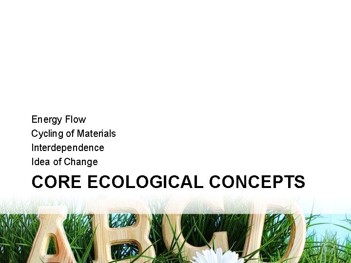 Energy Flow Cycling of Materials Interdependence Idea of Change CORE ECOLOGICAL CONCEPTS 