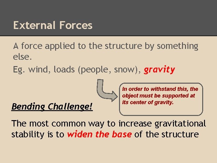 External Forces A force applied to the structure by something else. Eg. wind, loads