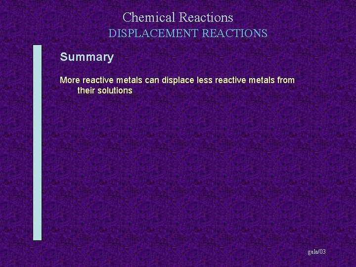 Chemical Reactions DISPLACEMENT REACTIONS Summary More reactive metals can displace less reactive metals from