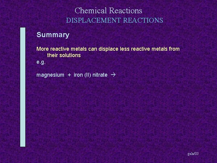 Chemical Reactions DISPLACEMENT REACTIONS Summary More reactive metals can displace less reactive metals from
