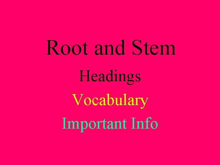 Root and Stem Headings Vocabulary Important Info 