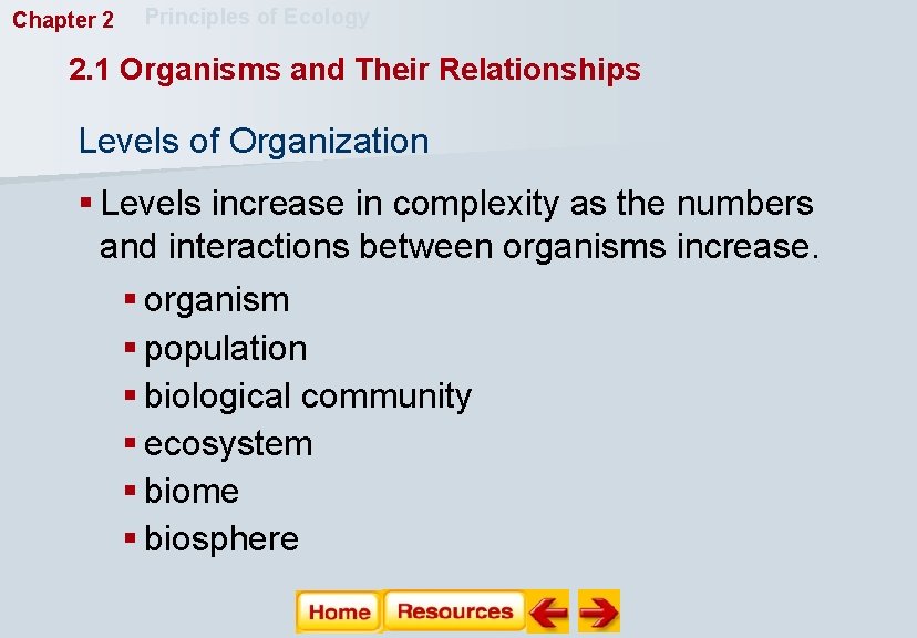 Chapter 2 Principles of Ecology 2. 1 Organisms and Their Relationships Levels of Organization
