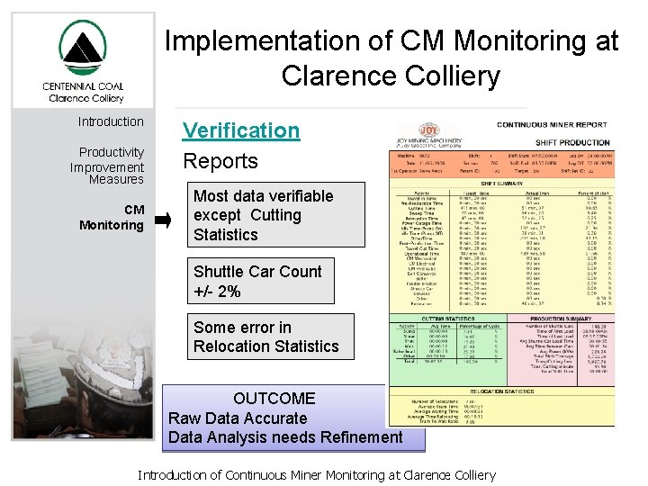 Implementation of CM Monitoring at Clarence Colliery Introduction Productivity Improvement Measures CM Monitoring Verification