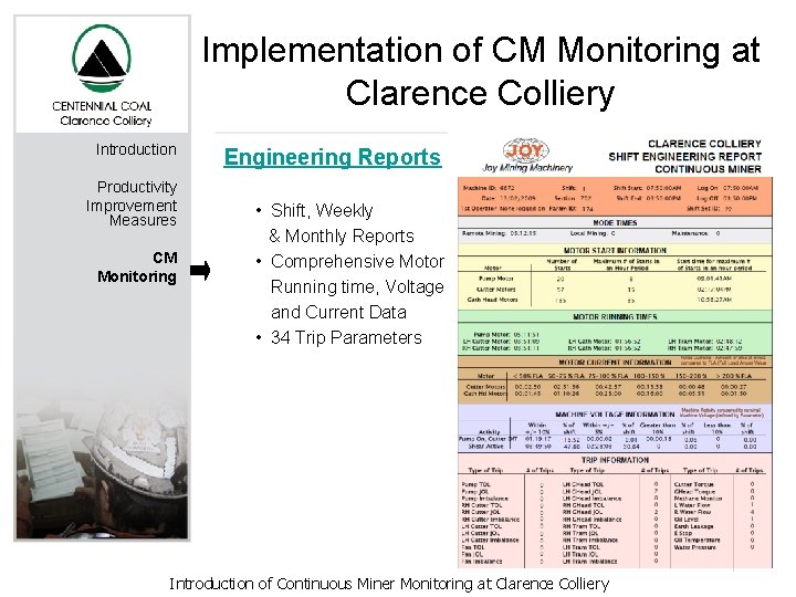 Implementation of CM Monitoring at Clarence Colliery Introduction Productivity Improvement Measures CM Monitoring Engineering