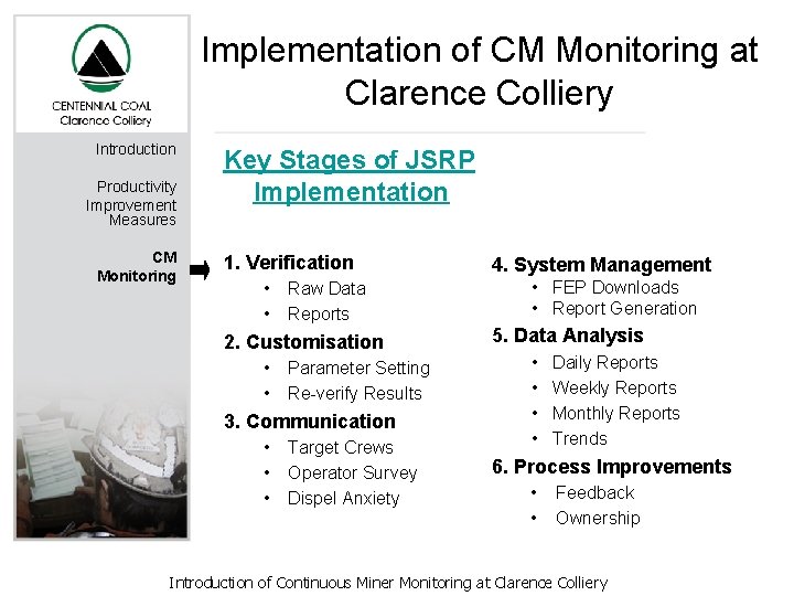 Implementation of CM Monitoring at Clarence Colliery Introduction Productivity Improvement Measures CM Monitoring Key