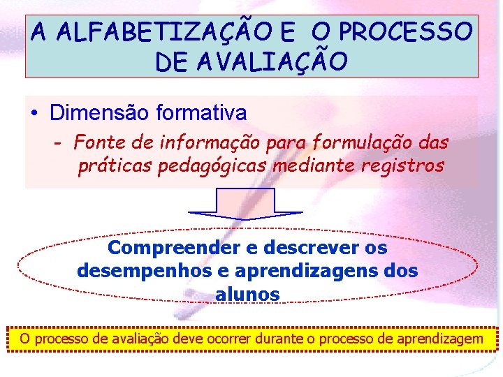 A ALFABETIZAÇÃO E O PROCESSO DE AVALIAÇÃO • Dimensão formativa - Fonte de informação