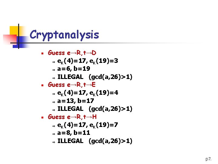 Cryptanalysis n n n Guess e→R, t→D Þ e. K(4)=17, e. K(19)=3 Þ a=6,