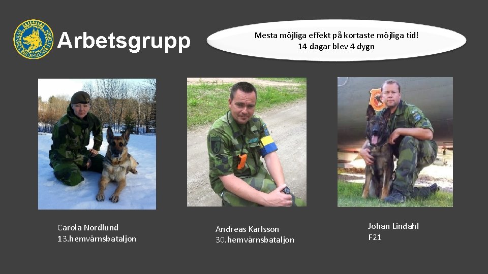 Arbetsgrupp Carola Nordlund 13. hemvärnsbataljon Mesta möjliga effekt på kortaste möjliga tid! 14 dagar