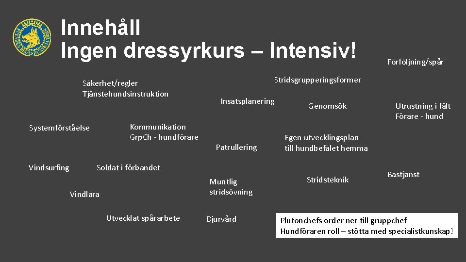 Innehåll Ingen dressyrkurs – Intensiv! Säkerhet/regler Tjänstehundsinstruktion Kommunikation Grp. Ch - hundförare Systemförståelse Vindsurfing
