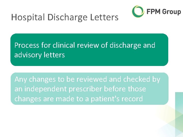 Hospital Discharge Letters Process for clinical review of discharge and advisory letters Any changes Hospital Discharge Letters Process for clinical review of discharge and advisory letters Any changes