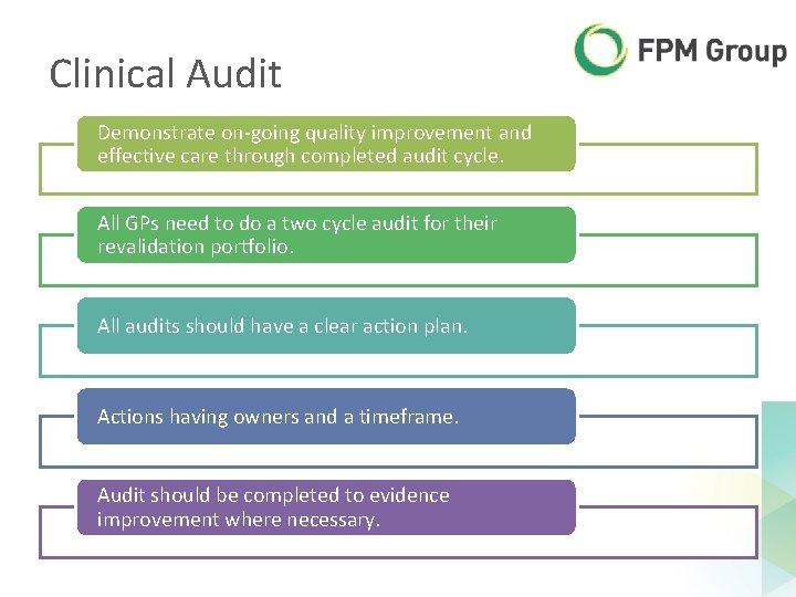 Clinical Audit Demonstrate on-going quality improvement and effective care through completed audit cycle. All Clinical Audit Demonstrate on-going quality improvement and effective care through completed audit cycle. All