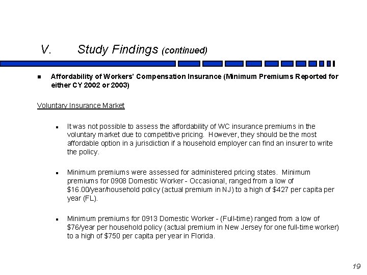 V. n Study Findings (continued) Affordability of Workers’ Compensation Insurance (Minimum Premiums Reported for