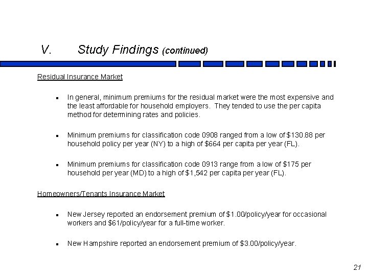 V. Study Findings (continued) Residual Insurance Market l l l In general, minimum premiums