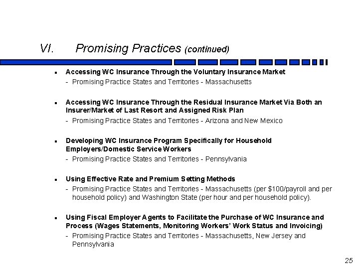 VI. Promising Practices (continued) l l l Accessing WC Insurance Through the Voluntary Insurance