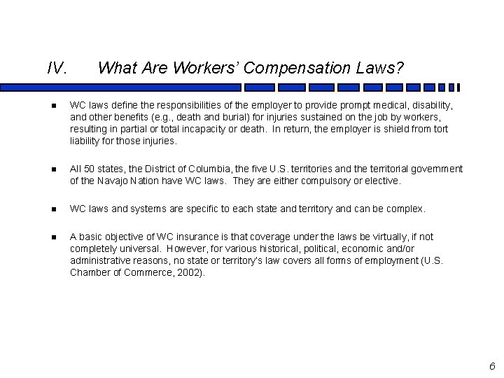 IV. What Are Workers’ Compensation Laws? n WC laws define the responsibilities of the