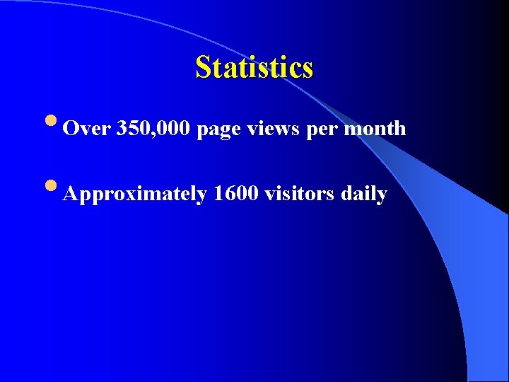 Statistics • Over 350, 000 page views per month • Approximately 1600 visitors daily