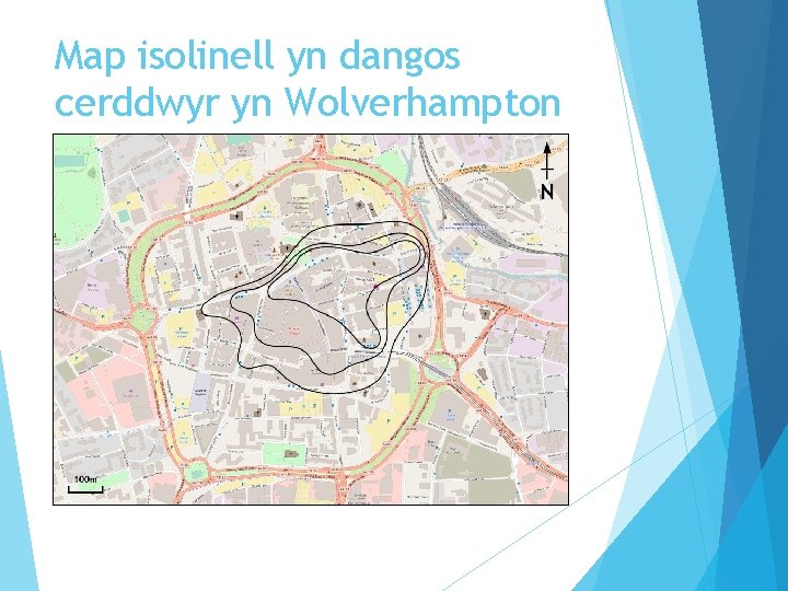 Map isolinell yn dangos cerddwyr yn Wolverhampton 