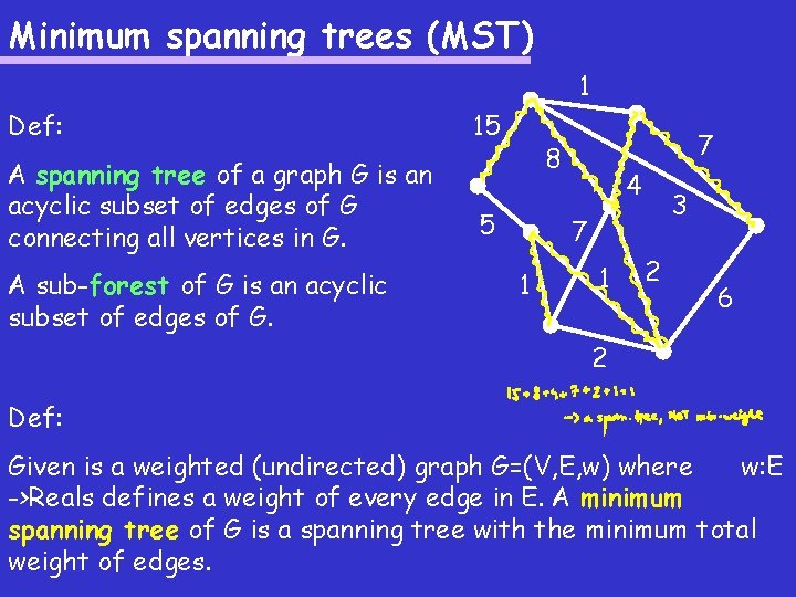 Minimum spanning trees (MST) 1 Def: A spanning tree of a graph G is