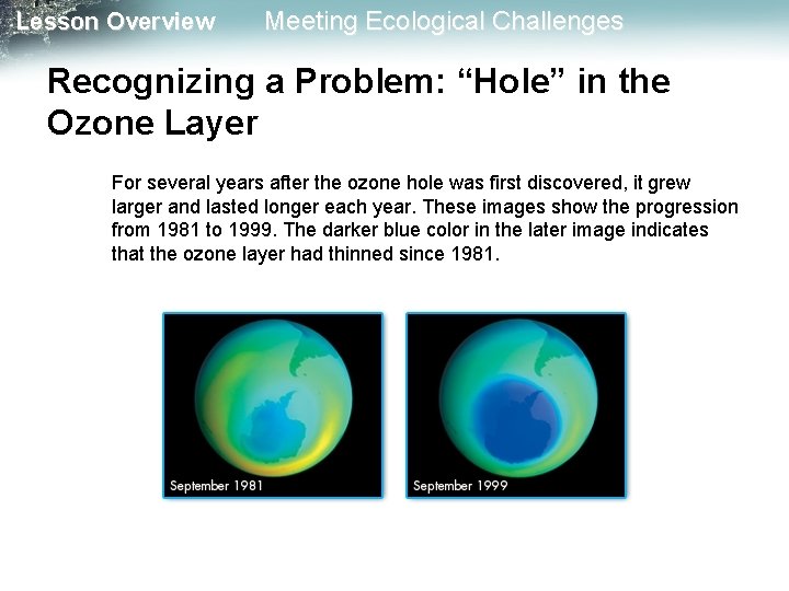 Lesson Overview Meeting Ecological Challenges Recognizing a Problem: “Hole” in the Ozone Layer For