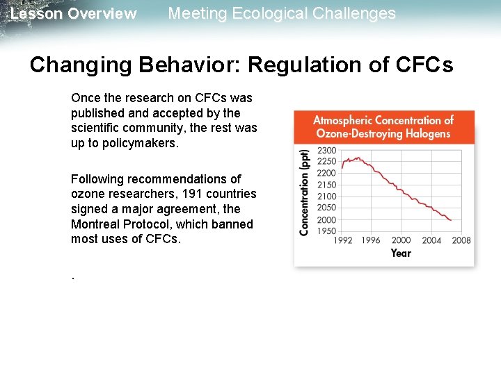 Lesson Overview Meeting Ecological Challenges Changing Behavior: Regulation of CFCs Once the research on