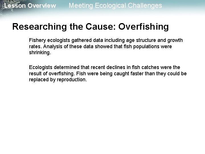 Lesson Overview Meeting Ecological Challenges Researching the Cause: Overfishing Fishery ecologists gathered data including