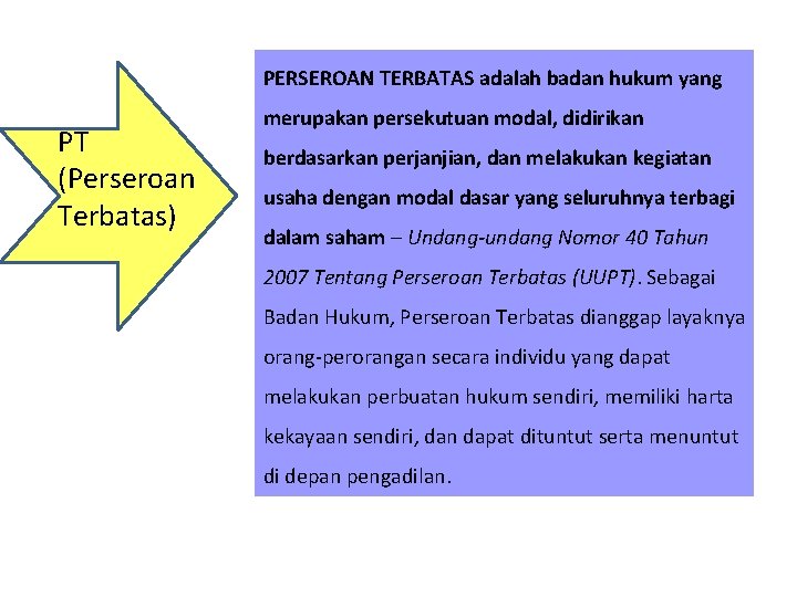 PERSEROAN TERBATAS adalah badan hukum yang PT (Perseroan Terbatas) merupakan persekutuan modal, didirikan berdasarkan