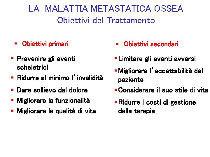 LA MALATTIA METASTATICA OSSEA Obiettivi del Trattamento § Obiettivi primari § Prevenire gli eventi