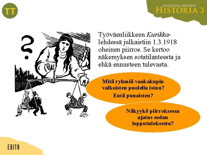 Työväenliikkeen Kurikkalehdessä julkaistiin 1. 3. 1918 oheinen piirros. Se kertoo näkemyksen sotatilanteesta ja ehkä