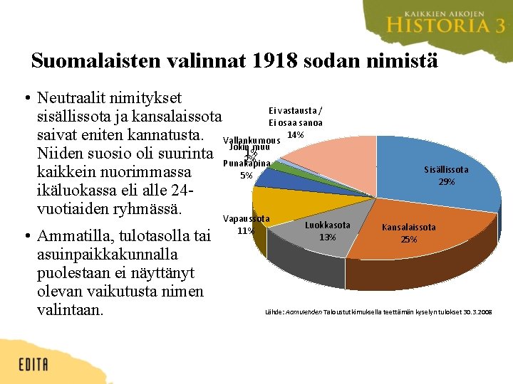 Suomalaisten valinnat 1918 sodan nimistä • Neutraalit nimitykset Ei vastausta / sisällissota ja kansalaissota