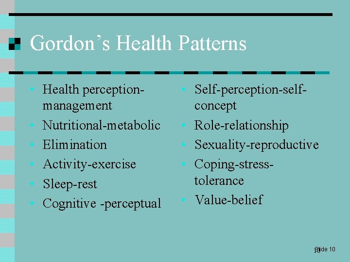 Gordon’s Health Patterns • Health perceptionmanagement • Nutritional-metabolic • Elimination • Activity-exercise • Sleep-rest
