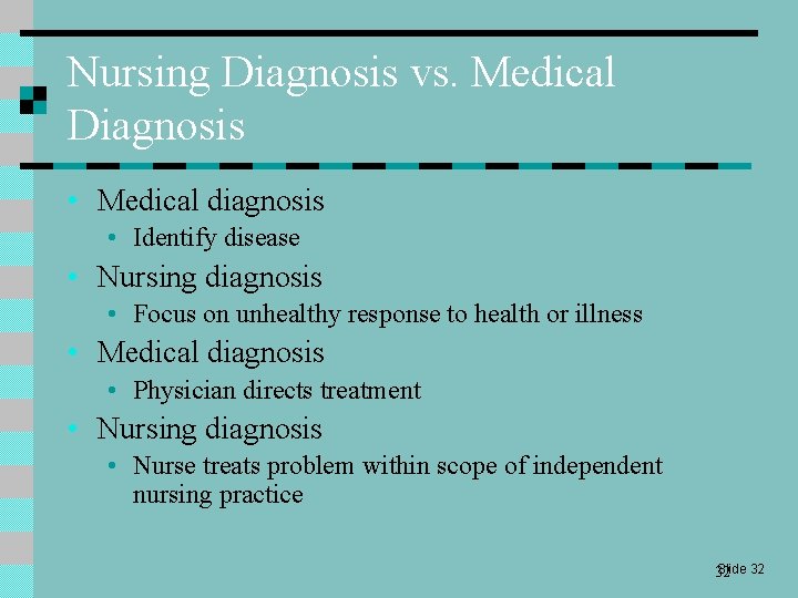 Nursing Diagnosis vs. Medical Diagnosis • Medical diagnosis • Identify disease • Nursing diagnosis