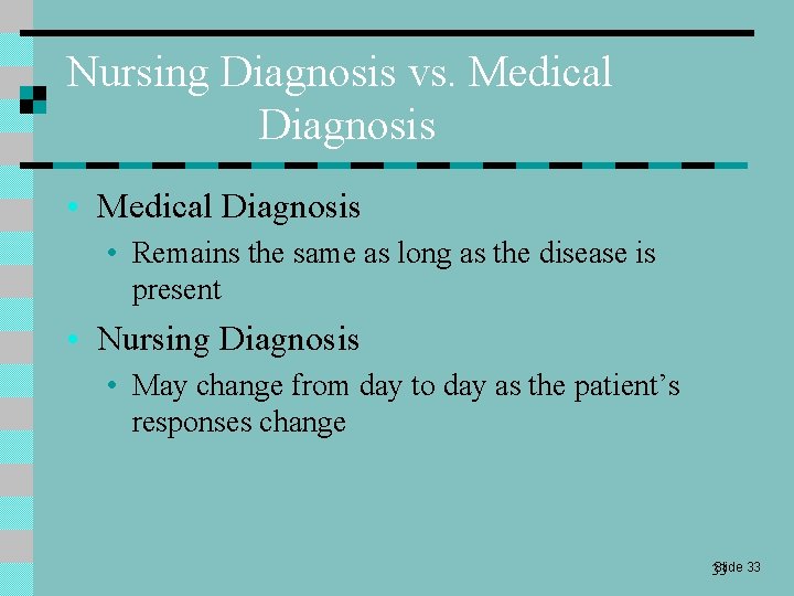 Nursing Diagnosis vs. Medical Diagnosis • Remains the same as long as the disease