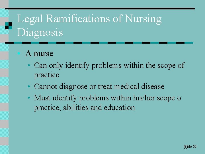 Legal Ramifications of Nursing Diagnosis • A nurse • Can only identify problems within