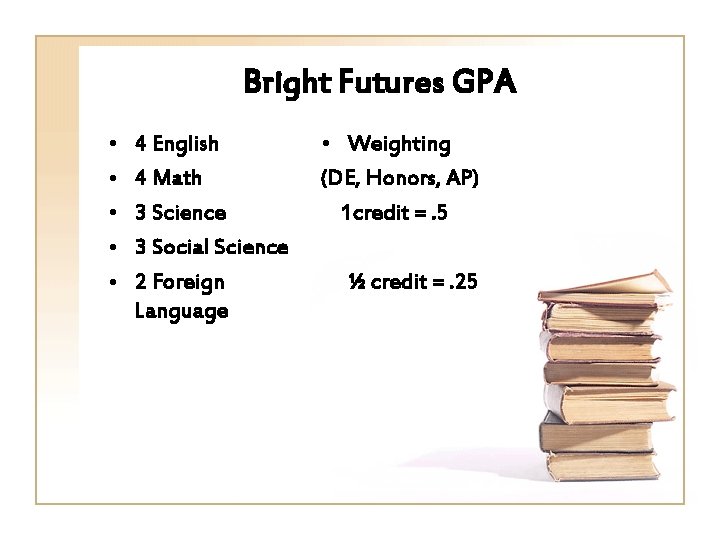 Bright Futures GPA • • • 4 English 4 Math 3 Science 3 Social