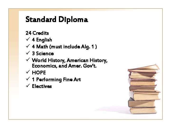 Standard Diploma 24 Credits ü 4 English ü 4 Math (must include Alg. 1