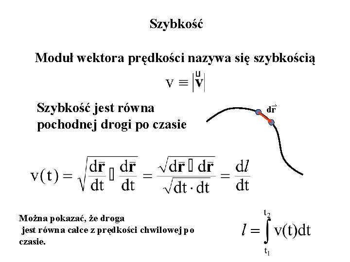 Szybkość Moduł wektora prędkości nazywa się szybkością Szybkość jest równa pochodnej drogi po czasie