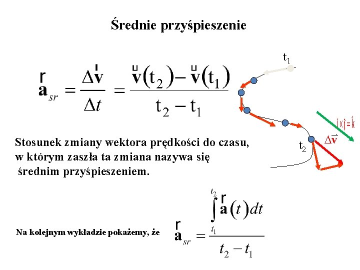 Średnie przyśpieszenie t 1 Stosunek zmiany wektora prędkości do czasu, w którym zaszła ta