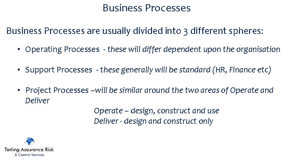 Business Processes are usually divided into 3 different spheres: • Operating Processes - these
