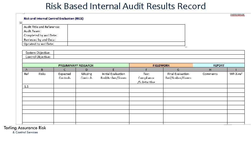 Risk Based Internal Audit Results Record 