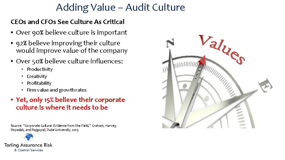 Adding Value – Audit Culture CEOs and CFOs See Culture As Critical • Over