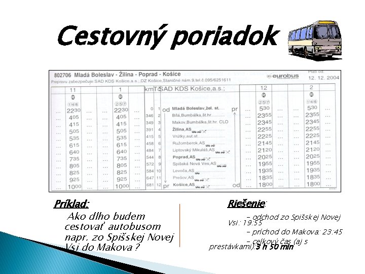 Cestovný poriadok Príklad: Ako dlho budem cestovať autobusom napr. zo Spišskej Novej Vsi do