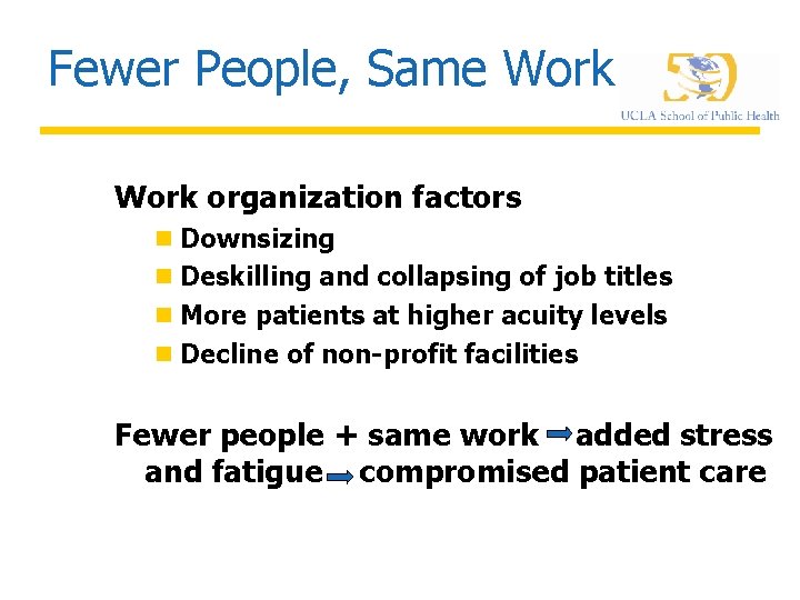 Fewer People, Same Work organization factors n Downsizing n Deskilling and collapsing of job